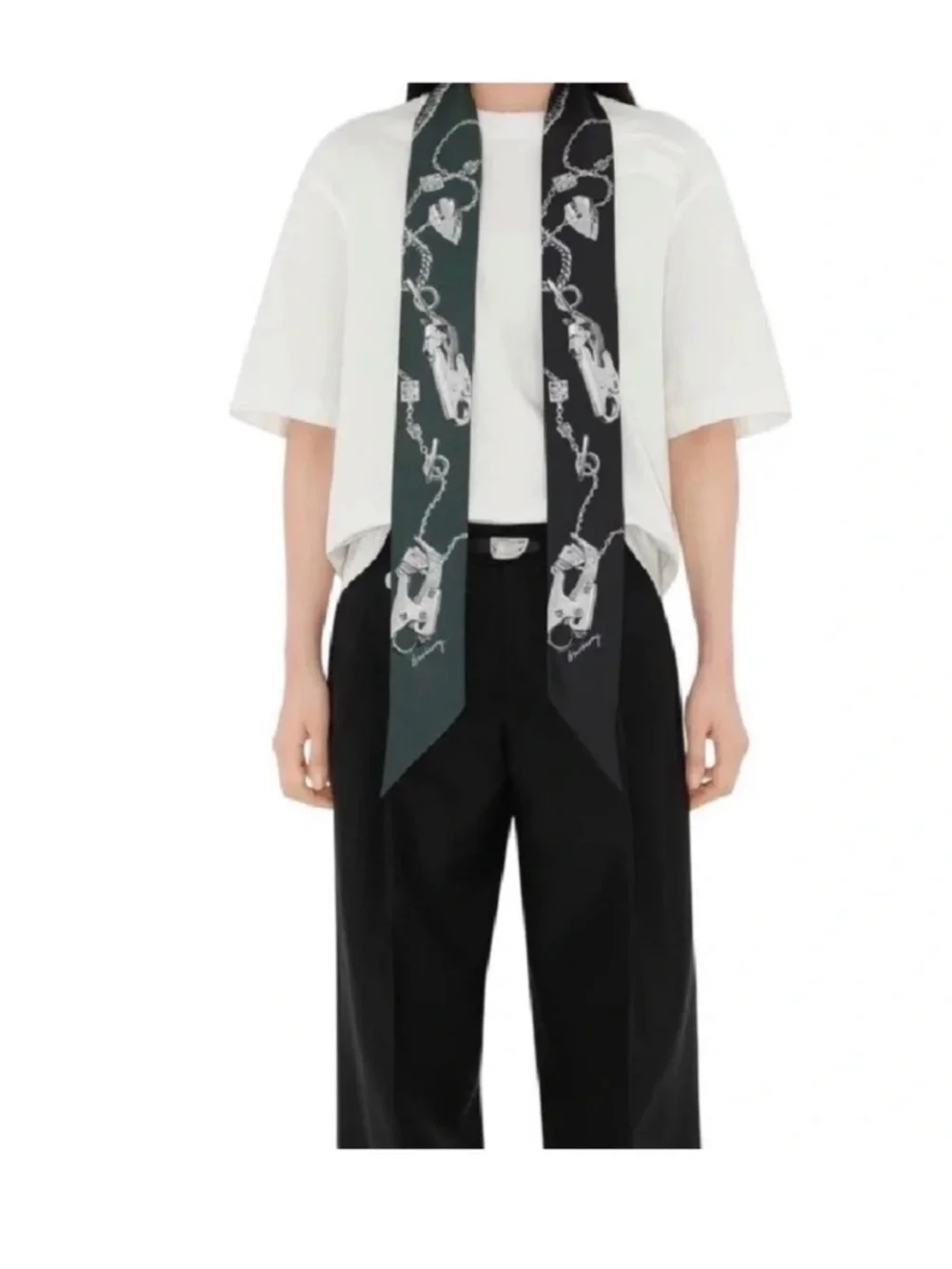 Burberry Black and Forest Green Print Silk Skinny Scarf